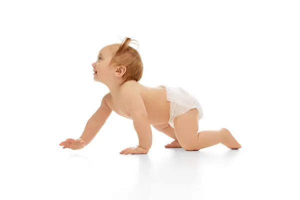 Happy Smiling Little Baby Girl Child Diaper Crawling Isolated White — ストック写真