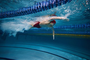 Atletik başarıya ulaşıyor. Rekabetçi, odaklanmış genç bir adam, havuzda hareket eden bir yüzücü kapalı alanda, antrenman yapıyor. Profesyonel spor, sağlık, dayanıklılık, güç, aktif yaşam tarzı kavramı