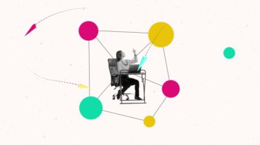 Genç bir kadın, masada oturan ve internette dizüstü bilgisayarla çalışan bir çalışan. Yaratıcı düşünce, beyin fırtınası. Hareket etmeyi, animasyonu durdurun. İş kavramı, kariyer gelişimi, serbest çalışma, iletişim