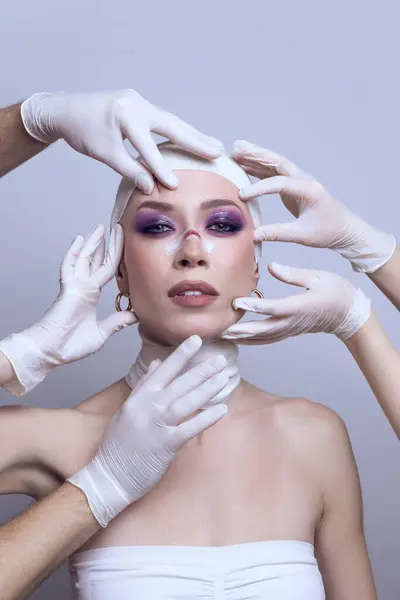 Poster Medical Clinic Beautiful Young Woman Makeup Hands Medical Workers — Stock Photo, Image