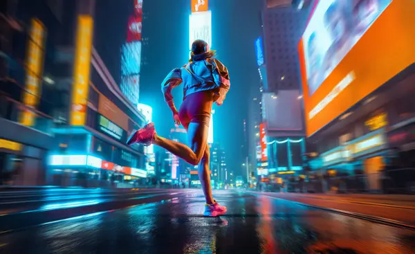 Determined young woman in sportswear in motion, training, running along urban street illuminated by colorful neon lights. Concept of active and healthy lifestyle, sport, hobby, motivation