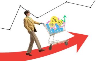 Hareket etmeyi, animasyonu durdurun. Genç adam, alışveriş arabasıyla yukarı çıkan bir çalışan. Finansal kazançlar, stratejiler, yenilikler. İş ve istihdam kavramı, ofis yaşam tarzı, ilerleme, reklam