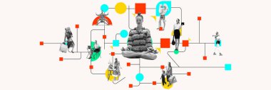 Meditasyon yapan bir kadın, hayat tarzını, iş meselelerini, aile ve aile görevlerini anlatan görüntüler etrafında oturuyor. Çağdaş sanat kolajı. İş, iş ve yaşam dengesi kavramı
