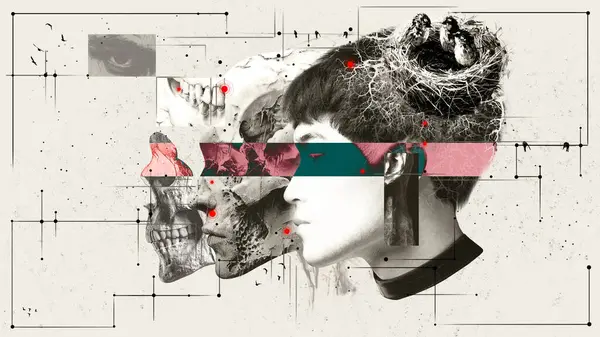 Surreale Collage Aus Männlichem Profil Mit Totenkopf Abstrakten Elementen Vogelnest — Stockfoto