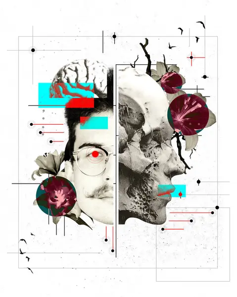 Künstlerische Collage Mit Männlichem Gesicht Entblößtem Gehirn Und Blumen Auf lizenzfreie Stockfotos