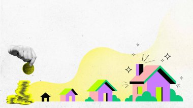 Küçükten büyüyen evlerin yakınına madeni paralar koyuyorlar. Çağdaş sanat kolajı. Gayrimenkul yatırımıyla zenginlik yaratma dinamiği. İş kavramı, finans, gayrimenkul