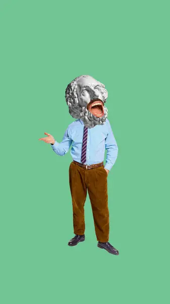 stock image Man with an antique statue bust, wide open mouth standing and emotional talking. Contemporary art collage. Freedom of personal opinion. Creativity, retro and vintage, imagination, surrealism concept
