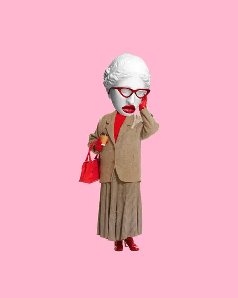 Woman Antique Statue Head Glasses Coat Red Purse Pink Background — Stock Photo, Image