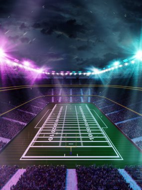 3D hava görüntüsü, açık hava Amerikan futbol stadyumunu pervaneli bulanık tribünlerle, neon ışıklı boş arenayla donattı. Profesyonel spor konsepti, etkinlik, turnuva, oyun, şampiyonluk