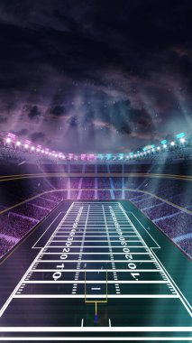 Akşam maçı. Amerikan futbol stadyumunda neon ışıkları, kale direği, çim sahası ve Tribün 'de bulanık taraftarlar var. 3 boyutlu görüntüleme. Profesyonel spor konsepti, etkinlik, turnuva, oyun, şampiyonluk