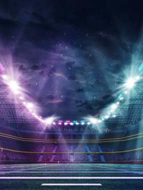 Amerikan futbol stadyumunun 3 boyutlu görüntüsü, açık hava arenası hayranları ve gece gökyüzü olan bulanık tribün. Neon aydınlatma. Profesyonel spor konsepti, etkinlik, turnuva, oyun, şampiyonluk