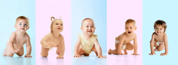 아기들 기저귀를 유아들 기어다니는 소년과 소녀들로 이루어진 콜라주 파란색 노란색 스톡 이미지