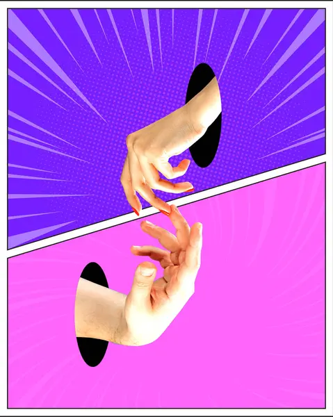 Мужские Женские Руки Торчат Отверстия Тянутся Друг Другу Фиолетовом Розовом — стоковое фото