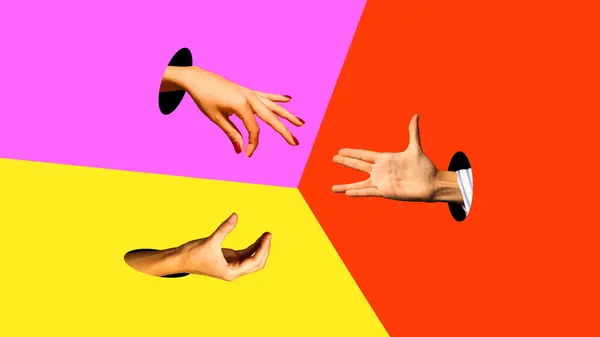 Human Hands Sticking Out Holes Multicolored Background Integration Cooperation Contemporary — Stok fotoğraf