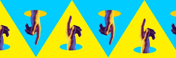 Male Hands Sticking Out Holes Yellow Blue Background Contemporary Art — Stock Photo, Image