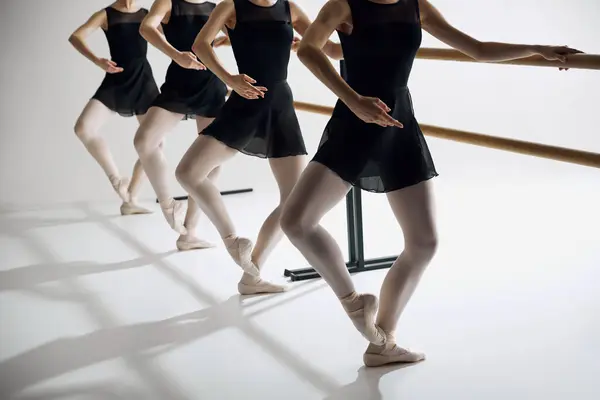 Practicing Plie Cropped Image Ballerinas Black Costumes Pointe Shoes Training — Stock Photo, Image