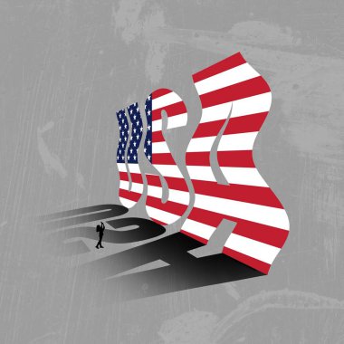 Küçük insan silueti dev harflerin fotoğrafını çekiyor. Gölgeler ve ulusal bayrak izleriyle ABD kelimesini oluşturuyor. Çağdaş sanat. Amerika Bağımsızlık Günü Konsepti, Tarih, 4 Temmuz, Tatil