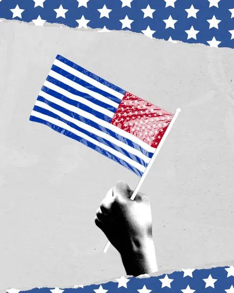 Tangan Manusia Memegang Bendera Amerika Melambangkan Semangat Persatuan Dan Perlawanan — Stok Foto