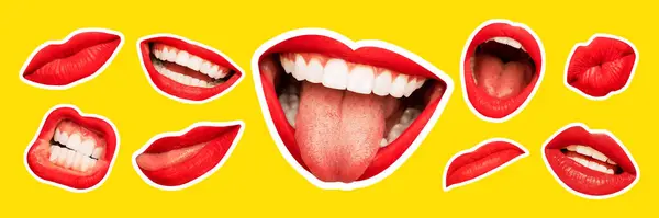 Vector Illustration Magazine Style Collage Female Lips Bright Yellow Background — Stok Vektör