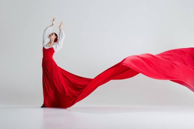 Flamenko dansının titreşimi, gri stüdyo arkaplanına karşı sanatsal performans sergileyen kadın dansçı olarak kırmızı kumaşta şekillenmiştir. Hareket sanatı, klasik dans, güzellik, festival kavramı