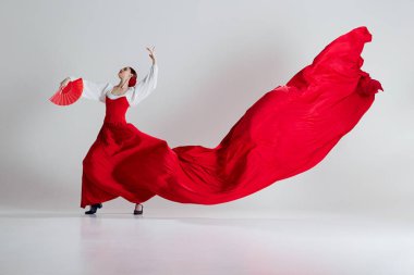 Hareketli kadın flamenko dansçısı, kırmızı kostümlü zarif bir kadın ve gri stüdyo arka planında flamenko dansı yapan hayranlar. Hareket sanatı, klasik dans, güzellik, festival kavramı
