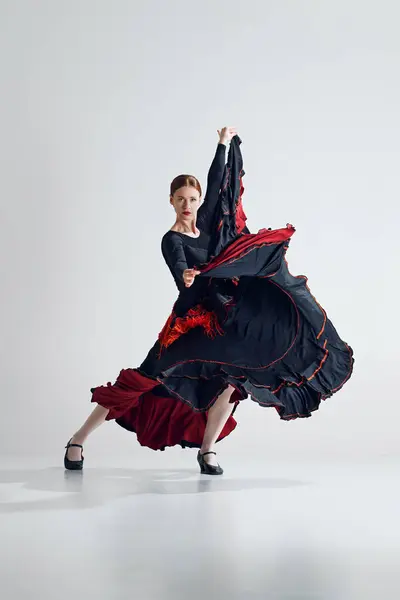 Grace Passion Elegant Woman Striking Black Red Dress Making Powerful — Stock Photo, Image