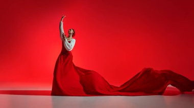 Flamenko dansının yoğunluğu. Yaratıcı sanatsal performans, parlak kostümlü zarif bayan dansçı kırmızı arka planda dans ediyor. Hareket sanatı, klasik dans, güzellik, festival kavramı
