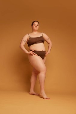 Doğal güzellik ve güven. Açık kahverengi arka planda iç çamaşırlarıyla duran, iri vücutlu zarif, güzel bir kız. Kadın güzelliği, vücut pozitifliği, özen, kabullenme kavramı
