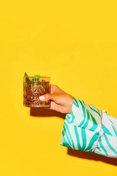 Female Hand Holding Glass Whiskey Old Fashioned Cocktail Decorated Mint — Stock Photo, Image