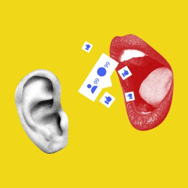 Yüzen sosyal medya simgeleriyle dolu insan kulağı ve ağzı canlı sarı arka plana karşı. Çağdaş sanat kolajı. Sosyal medya kavramı, modern teknolojiler, İnternet