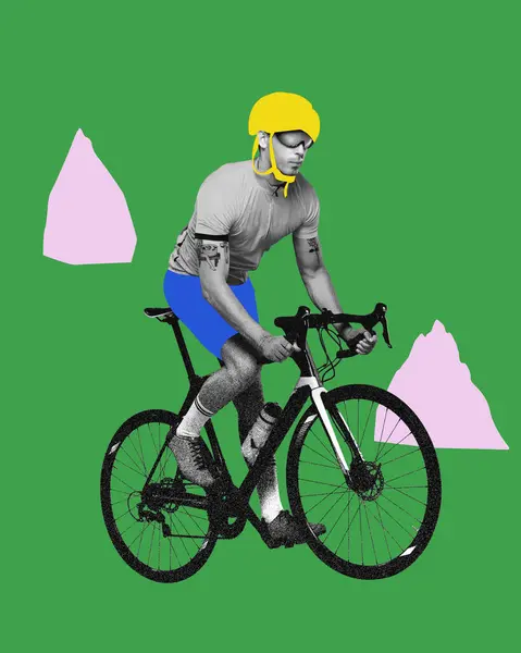 Sportive Man Cyclist Helmet Riding Bike Green Background Contemporary Art — Stock Photo, Image