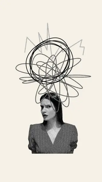 Young Woman Expressing Motions Misunderstanding Chaotic Lines Head Contemporary Art — Stock Photo, Image
