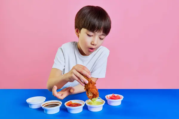Little Boy Korean Kid Sitting Table Eating Fried Chicken Dipping — Stock Photo, Image