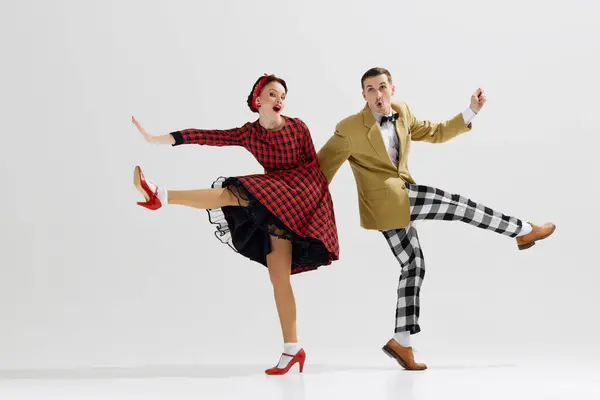 Young Man Checkered Trousers Mustard Jacket Dancing Woman Dressed Red — Stock Photo, Image