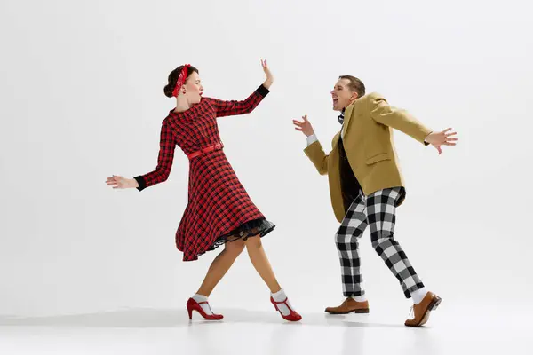 Stylish Playful Couple 1950S Style Clothes Performing Dynamic Dance Expressing — Stock Photo, Image