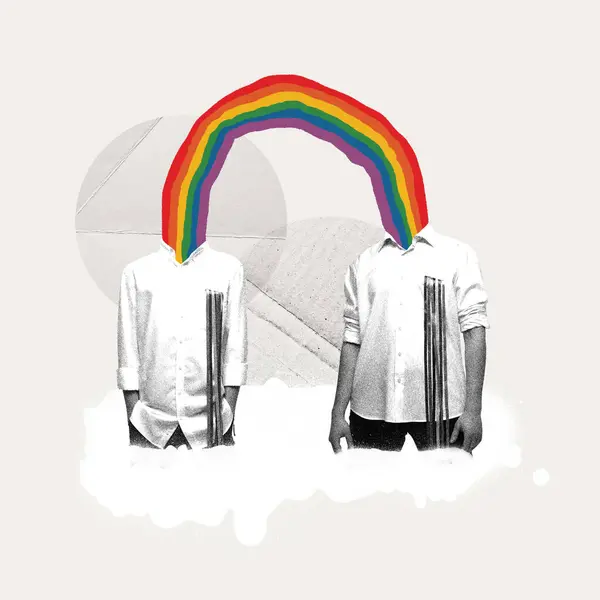 Monochrome Image Two Men Colorful Rainbow Appearing Head Light Background — Stock Photo, Image