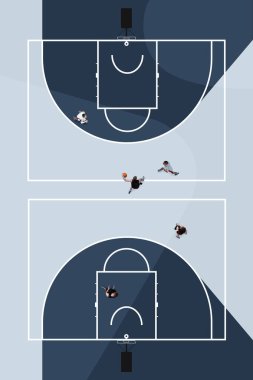 Basketbolun mavi arenasında oyuncuların top oynamaları, rekabet etmeleri, antrenman yapmaları. Yaratıcı kolaj. Spor, oyun, rekabet, turnuva, aktif yaşam tarzı. Asgari poster