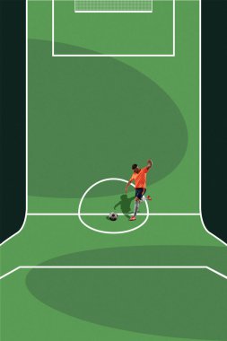 Odaklanmış adam turuncu üniformalı, futbolcu hareket halinde, top sürüyor, pratik yapıyor. Yaratıcı kolaj. Spor, oyun, rekabet, turnuva, aktif yaşam tarzı. Asgari poster