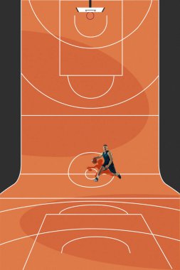 Üniformalı konsantre bir adam, hareketli bir basketbolcu, top sürüyor, pratik yapıyor. Yaratıcı kolaj. Spor, oyun, rekabet, turnuva, aktif yaşam tarzı. Asgari poster
