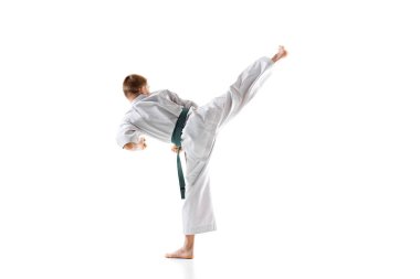 Beyaz stüdyo arka planında izole edilmiş geleneksel dövüş sanatları üniformasında tekvando tekmesi sergileyen atletik bir genç. Spor anlayışı, dövüş sanatı, dövüş sporu, sağlıklı ve aktif yaşam tarzı