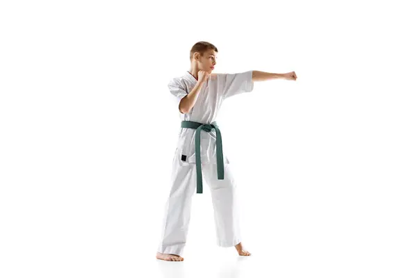 Berkonsentrasi Remaja Laki Laki Praktisi Karate Dalam Sikap Defensif Menampilkan — Stok Foto