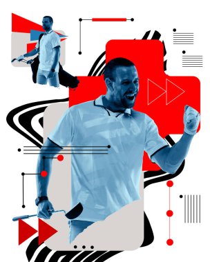 Motivasyon ve mutluluk. Gülen adam, golf oyuncusu ve soyut unsurları olan hafif arka plan. Çağdaş sanat kolajı. Spor, oyun, aktif ve sağlıklı yaşam tarzı, rekabet