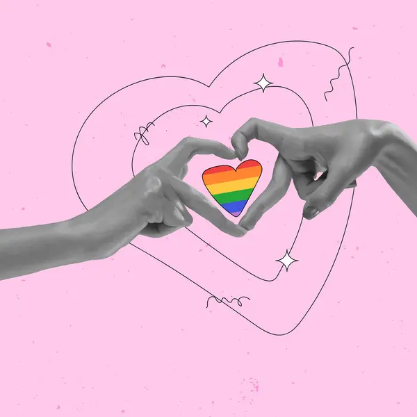 人的手在粉色背景下形成心形 心形上有彩虹的心形符号 当代艺术拼贴 Lgbt Equality Pride Month Support Love Human — 图库矢量图片#