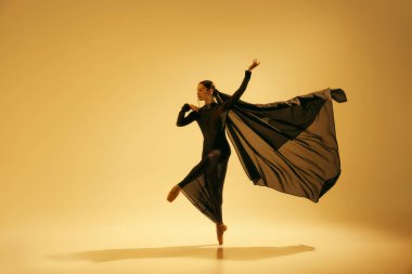 Şiir devam ediyor. Güzel bir kadın, zarif siyah elbiseli bir balerin kumlu arka planda gösteri yapıyor. Sanat kavramı, klasik dans, güzellik ve moda, estetik.