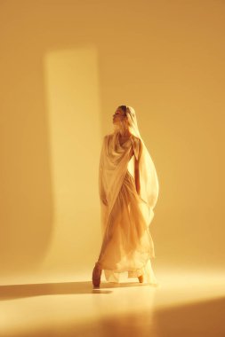 Şefkat ve zarafet. Açık renk kumaşlı güzel bir kadın, kumlu arka planda dans eden bir balerin. Sanat kavramı, klasik dans, güzellik ve moda, estetik.