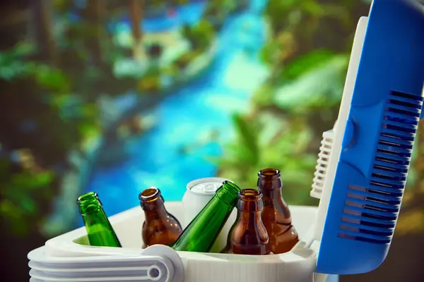 不同的啤酒瓶在一个冷却器里 野餐活动 户外聚会和放松时间 休闲活动的概念 — 图库照片#