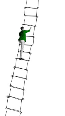 Merdivenleri tırmanan adam başarıya, büyümeye ve terfi etmeye doğru adım atmayı simgeliyor. Çağdaş sanat kolajı. Başarıya doğru bir yolculuk. İş kavramı, girişimcilik kavramı. Çizgi tasarımı.