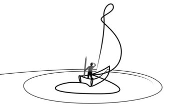 Bir teknede duran iş adamı liderliği, yenilikleri, stratejik karar vermeyi ve iş dünyasındaki navigasyonu simgeliyor. Hareket etmeyi, animasyonu durdurun. Tek çizgi çizimi. İş, başarı, hırs