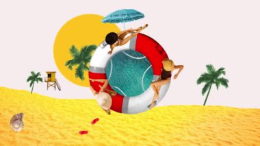 Sıska genç kadınlar havuzda yüzüyor ve kumsalda güneşleniyor. Tropik bölgeler, palmiyeler ve kum. Hareket etmeyi, animasyonu durdurun. Yaz kavramı, tatil, rahatlama, seyahat, tatil, turizm