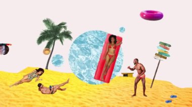 Genç pozitif insanlar, plajda dinlenen erkekler ve kadınlar, güneşlenen, dalan, yüzen. Hareket etmeyi, animasyonu durdurun. Yaz, tatil ve rahatlama, seyahat, tatil ve turizm kavramı.